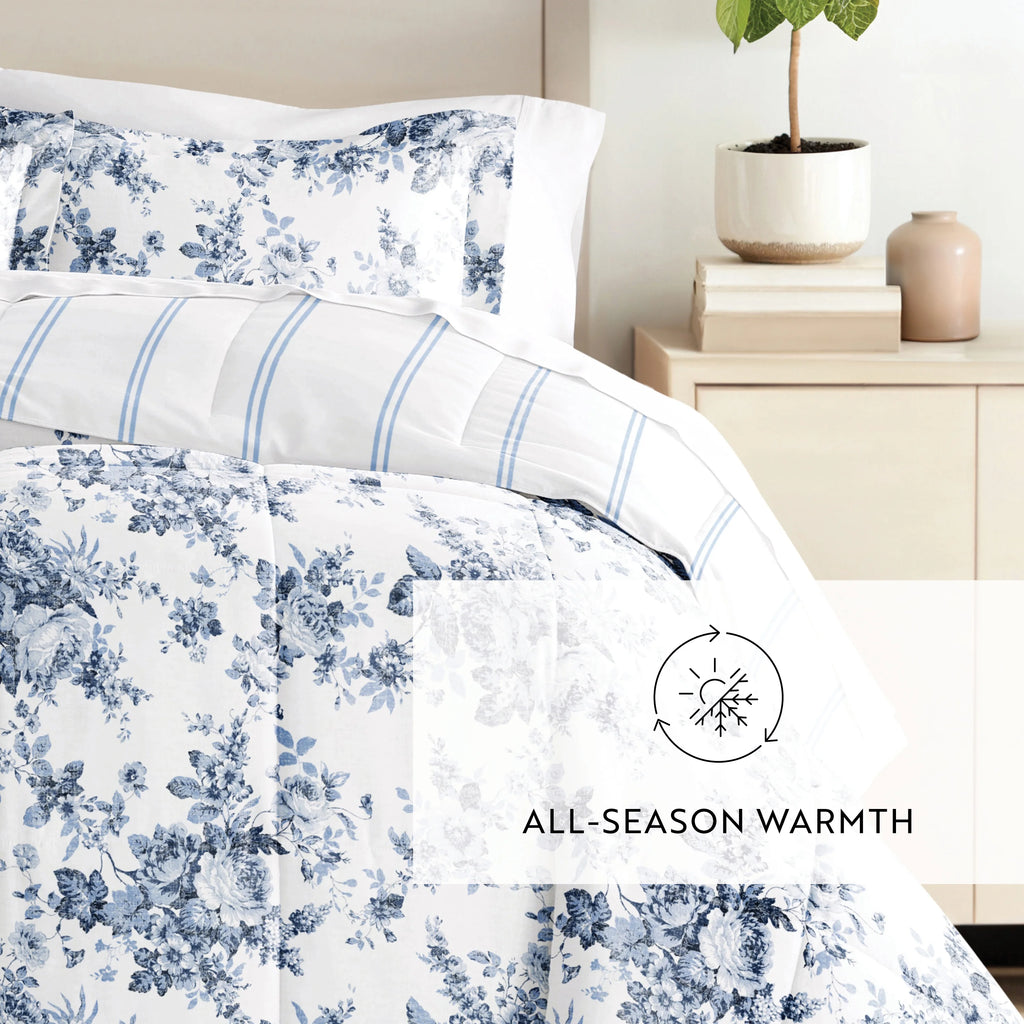 Cabbage Rose Stripe Ultra Soft Reversible Comforter Bed Set B351