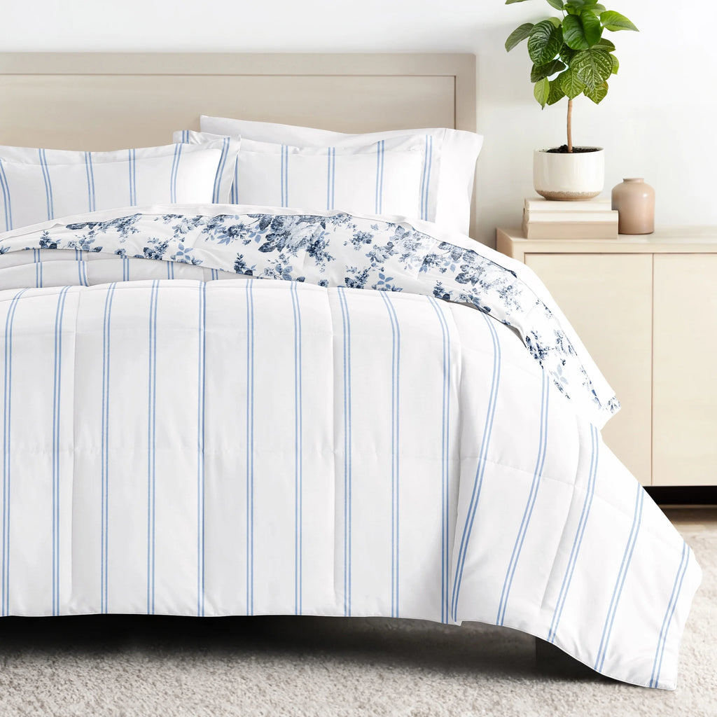 Cabbage Rose Stripe Ultra Soft Reversible Comforter Bed Set B351