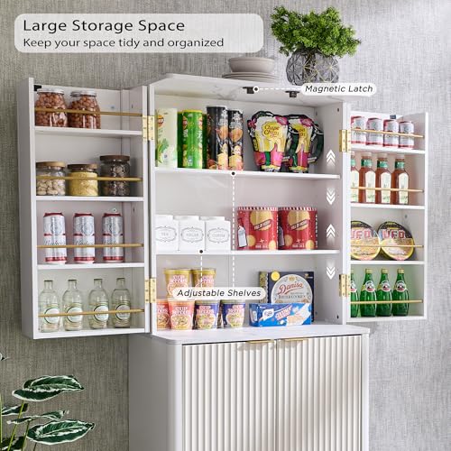 72" Tall Fluted Pantry Storage Cabinet with Adjustable Shelves & Door Racks, Natural Oak V534