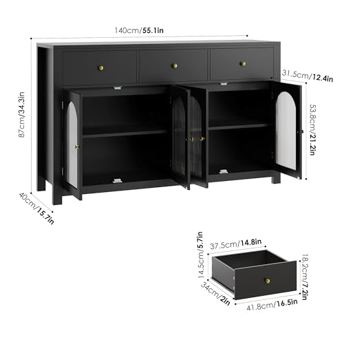 Black 55.1" Wood Buffet Cabinet with 3 Drawers and 4 Doors H700