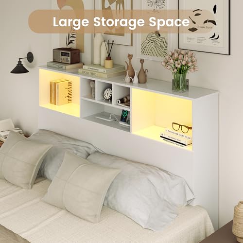 King Size Wooden Headboard with LED Light and Storage Bookcase M359476