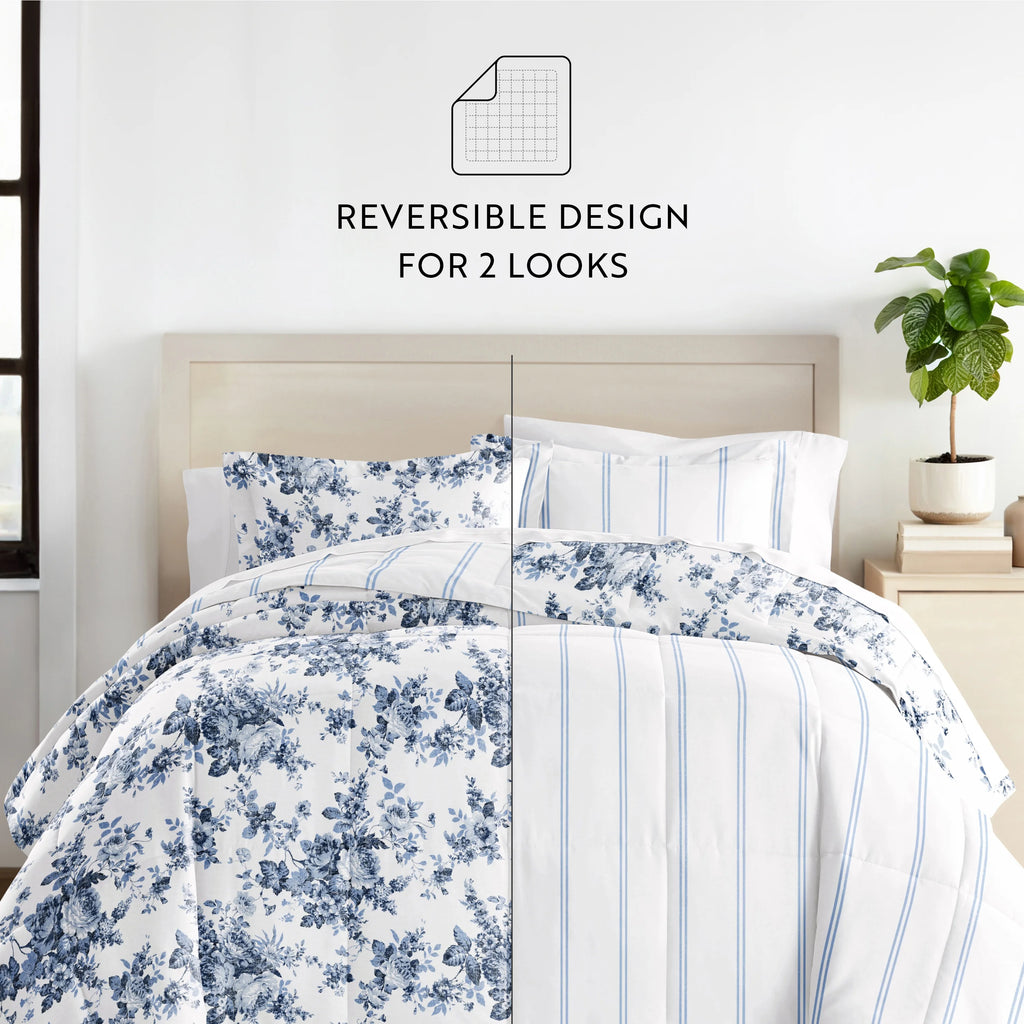 Cabbage Rose Stripe Ultra Soft Reversible Comforter Bed Set B351