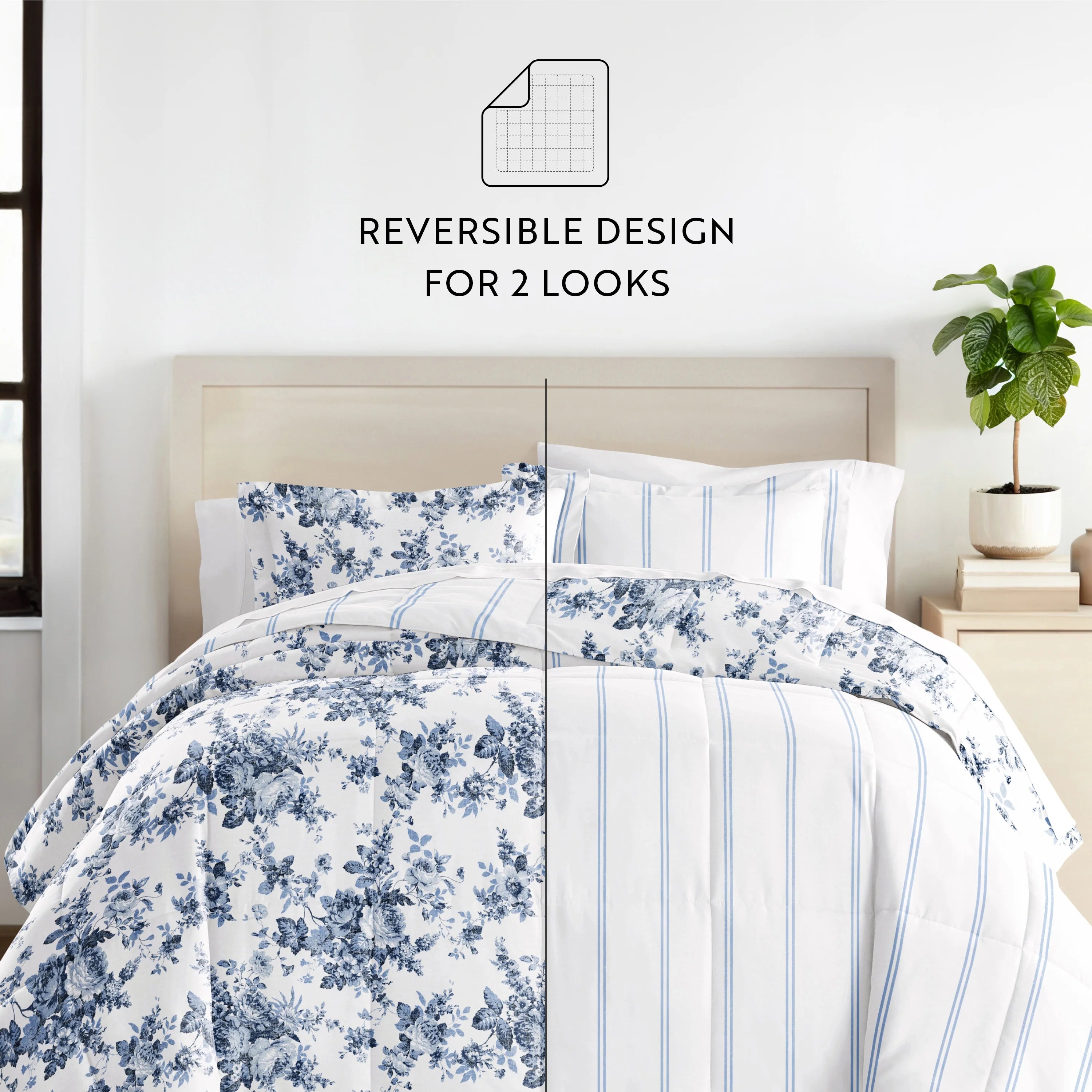 Cabbage Rose Stripe Ultra Soft Reversible Comforter Bed Set B351