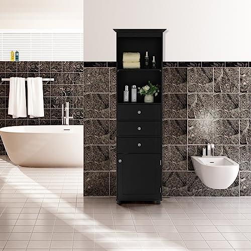 Black Tall Freestanding Storage Cabinet with 2 Open Shelves, 3 Drawers M1001