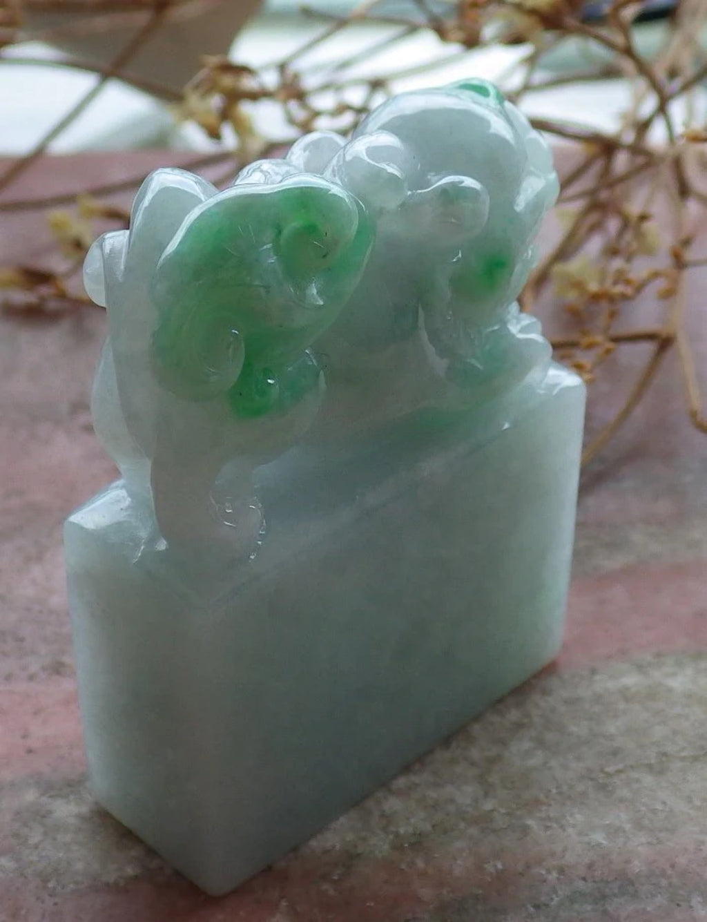 Green Natural Burma Jade Dragon Pi Xiu Chop Seal Display Y21893