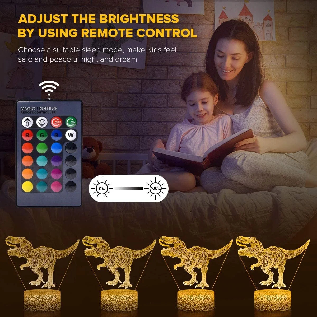 3D Dinosaur Night Light with Remote, 7 Colors + 16 Colors Changing Dimmable T Rex Q672782