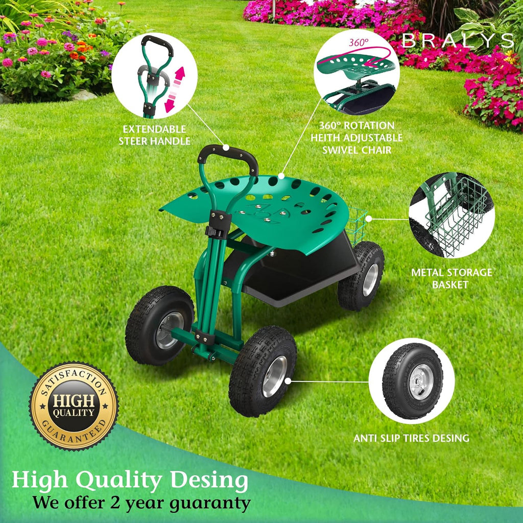 Garden Cart with Seat Rolling Gardening Cart with Large Wheels Basket Waterproof Cover E6540