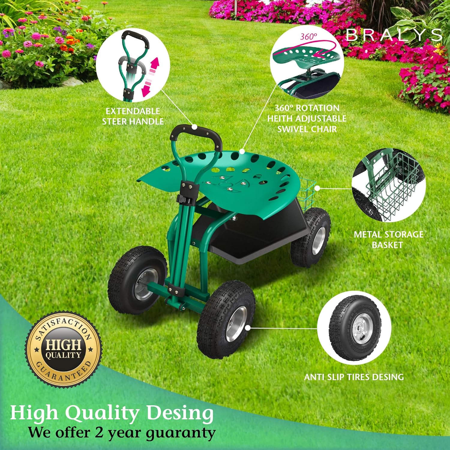 Garden Cart with Seat Rolling Gardening Cart with Large Wheels Basket Waterproof Cover E6540