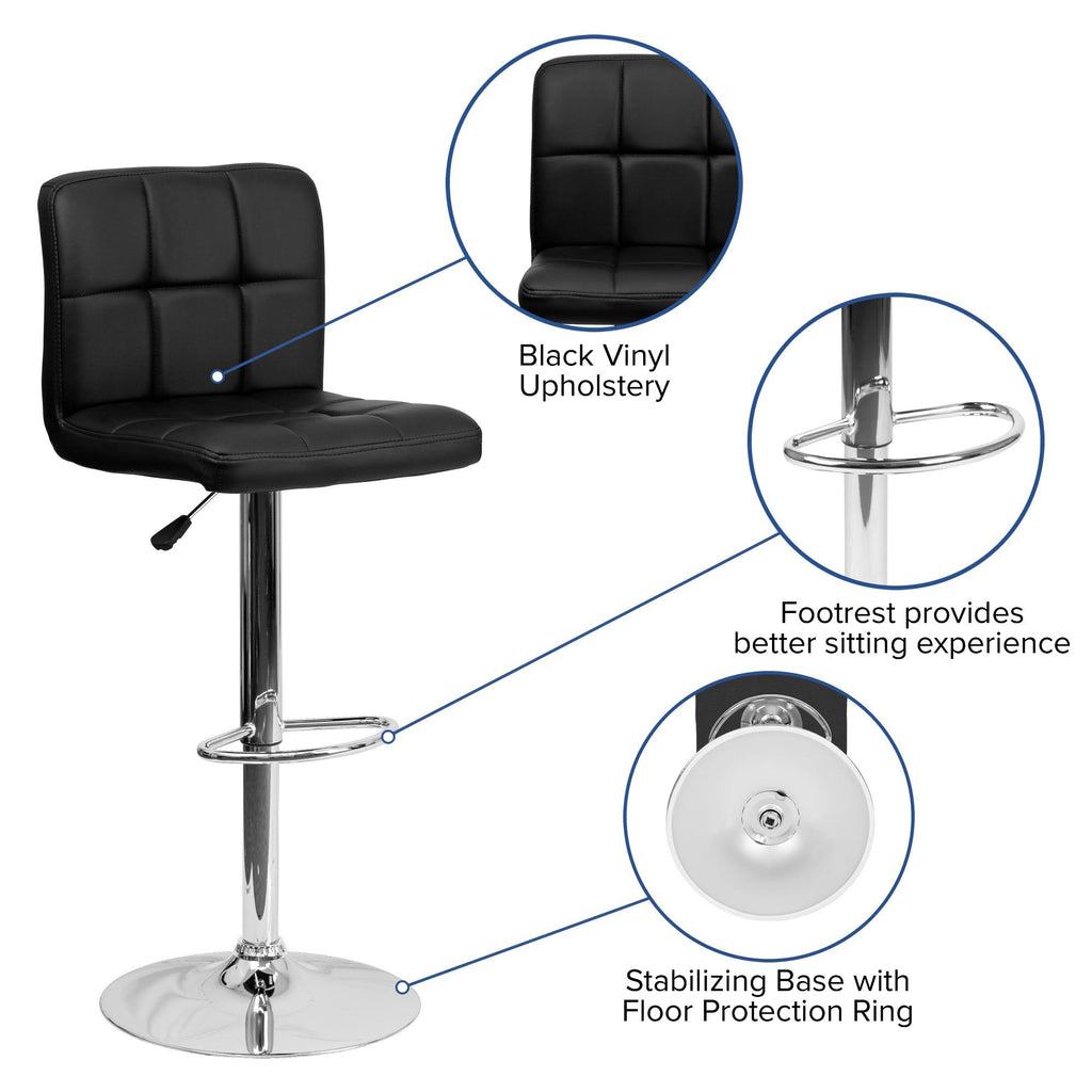 Black Quilted Vinyl Adjustable Height Barstool with Chrome Base F856083