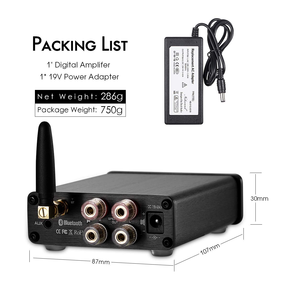 2 Channel Bluetooth 5.0 Power Amplifier 100W Class D Stereo Mini Amp Wireless Receiver Pack of 2 G3864