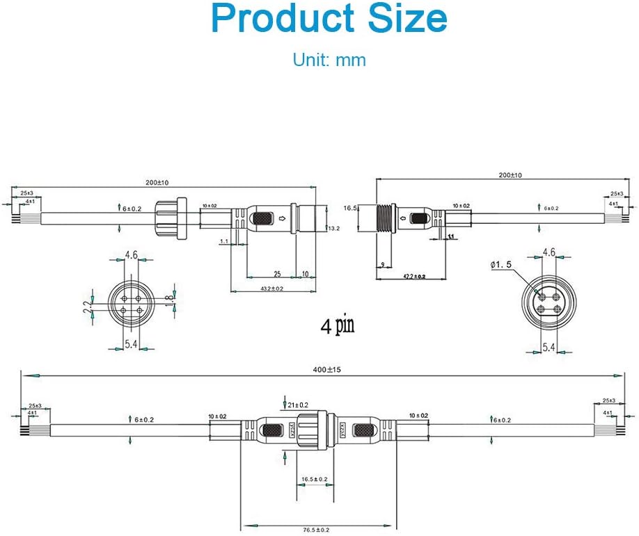 5 Pairs 4 Core Electrical LED Connector IP65 with 20cm 18AWG Cable K7189