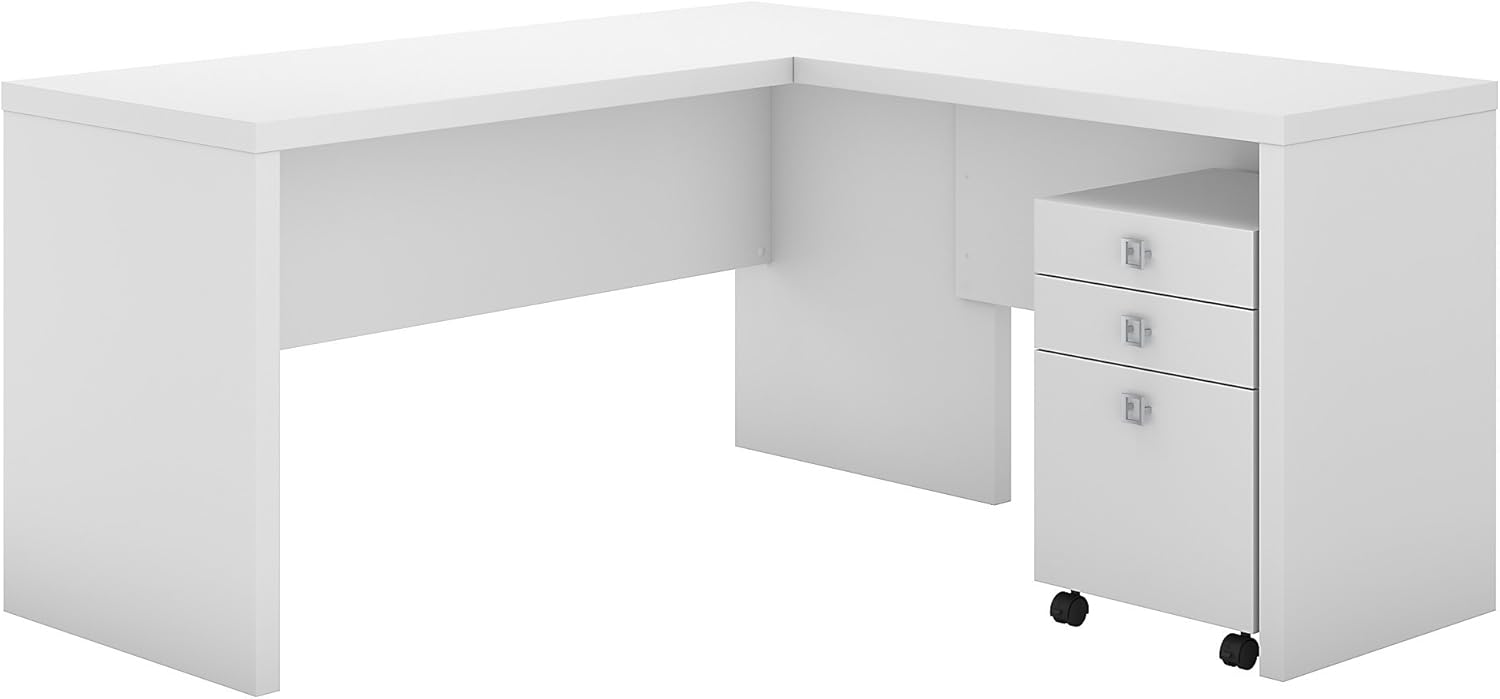 Pure White L Shaped Desk with Mobile File Cabinet H5385