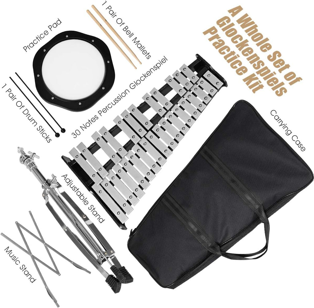 Glockenspiel Bell Kit 30 Notes with Frame, Music Stand, Practice Pad, Bell Mallets, Wooden Drumsticks, Carrying Bag I2055