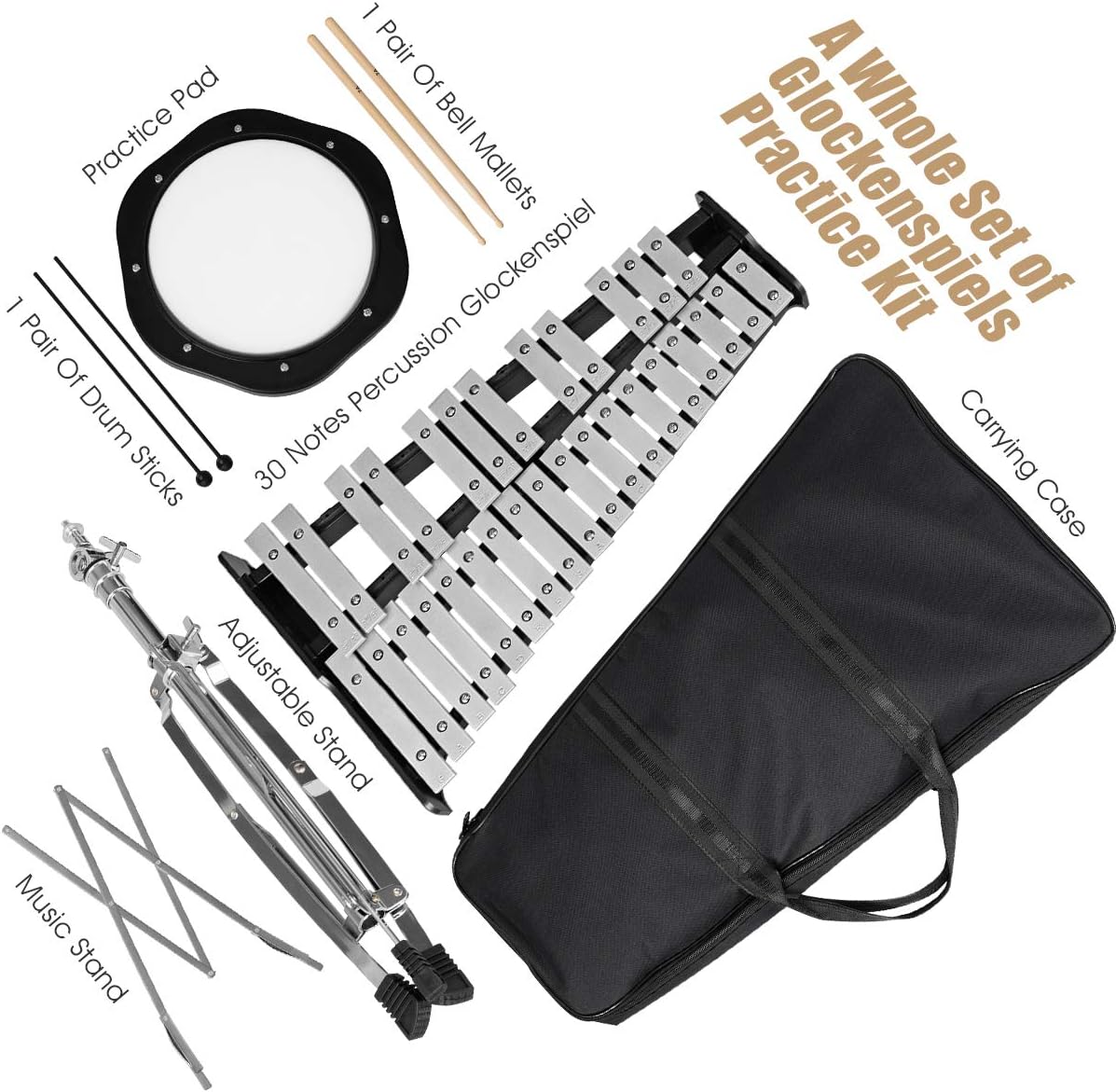 Glockenspiel Bell Kit 30 Notes with Frame, Music Stand, Practice Pad, Bell Mallets, Wooden Drumsticks, Carrying Bag I2055