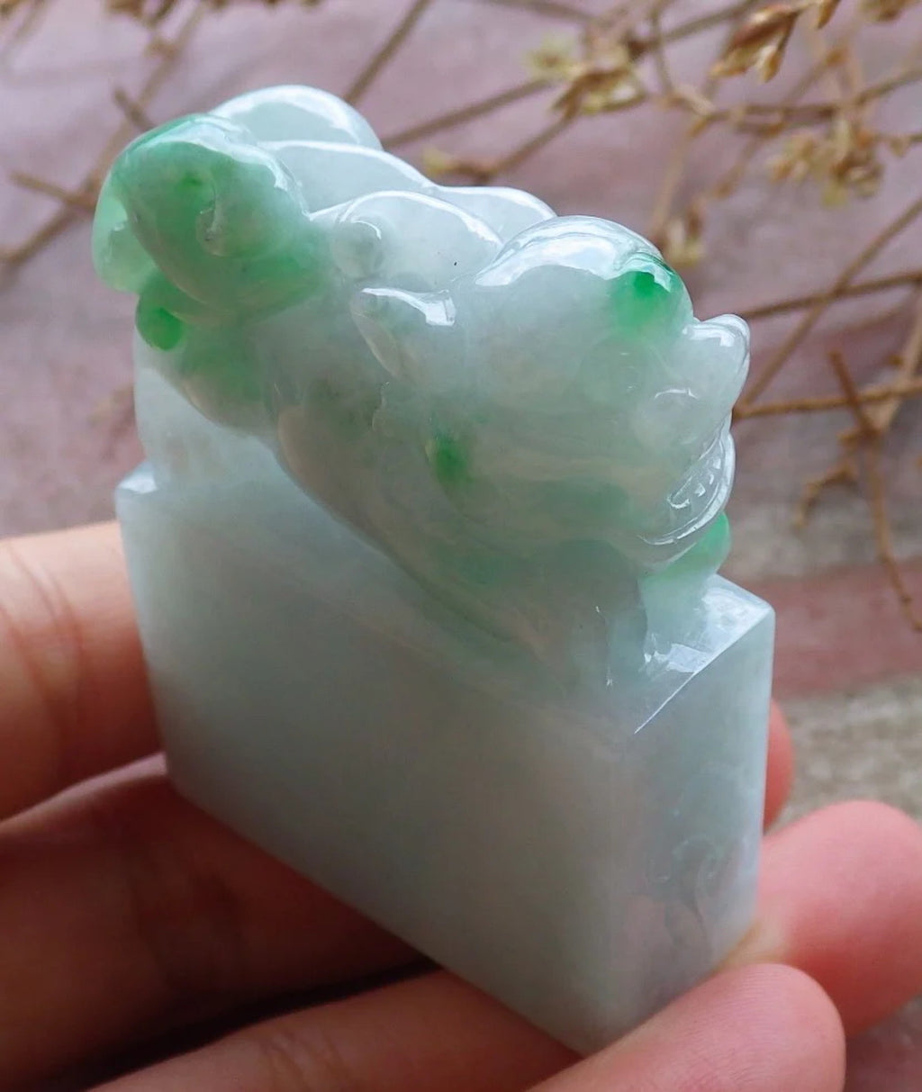 Green Natural Burma Jade Dragon Pi Xiu Chop Seal Display Y21893