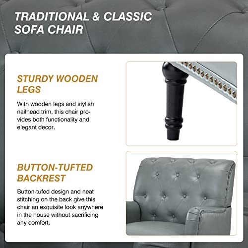 Faux Leather Accent Chair with Button-Tufted Back and Wood Legs V65385