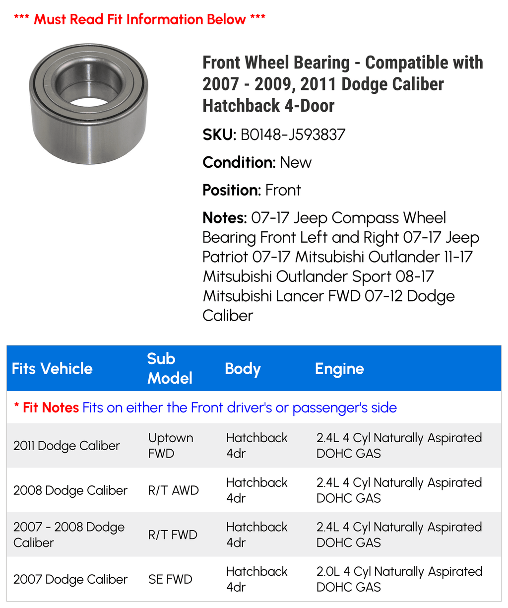 Front Wheel Bearing for 2007-2009 2011 Dodge Caliber Hatchback 4-Door W760
