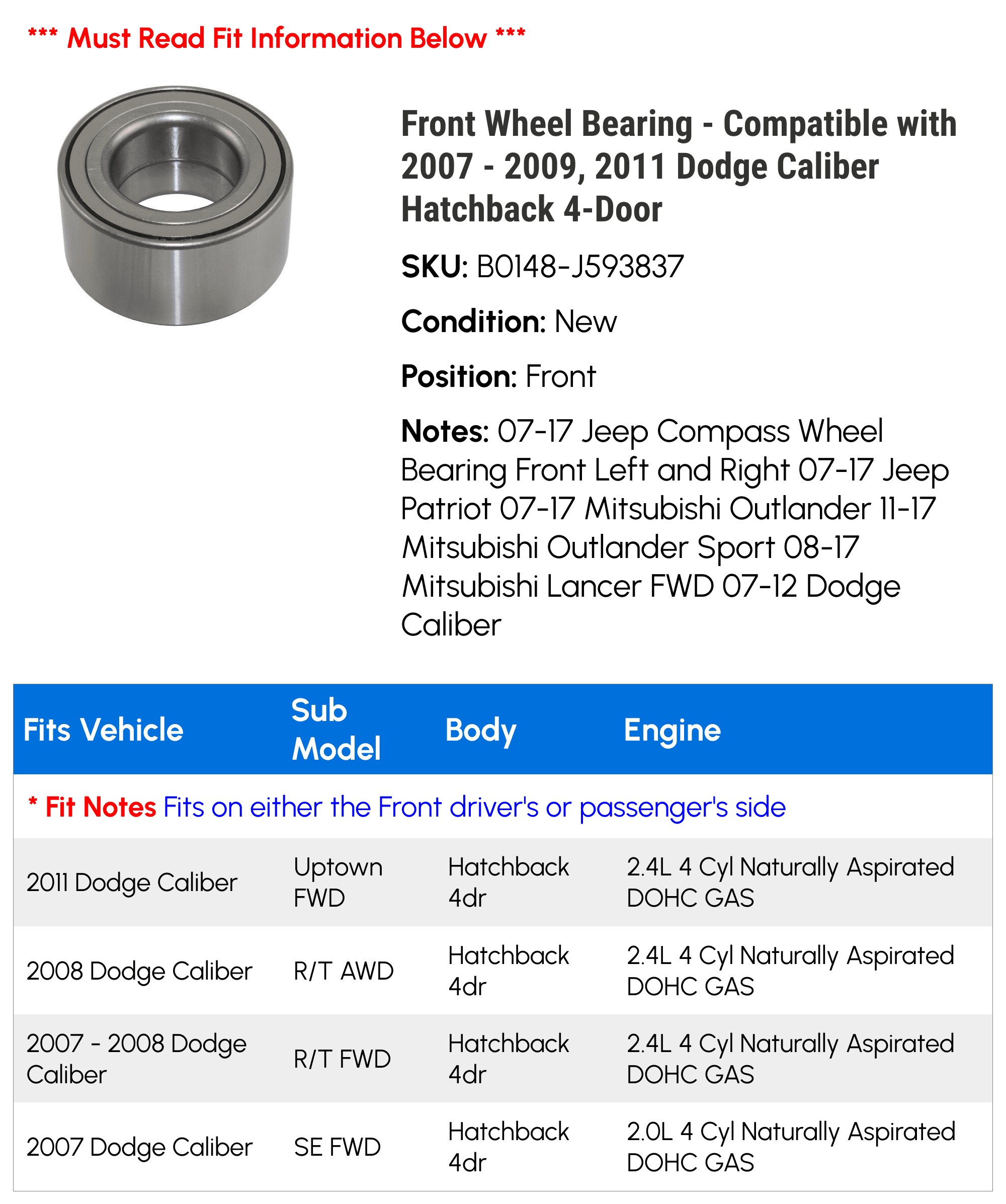 Front Wheel Bearing for 2007-2009 2011 Dodge Caliber Hatchback 4-Door W760