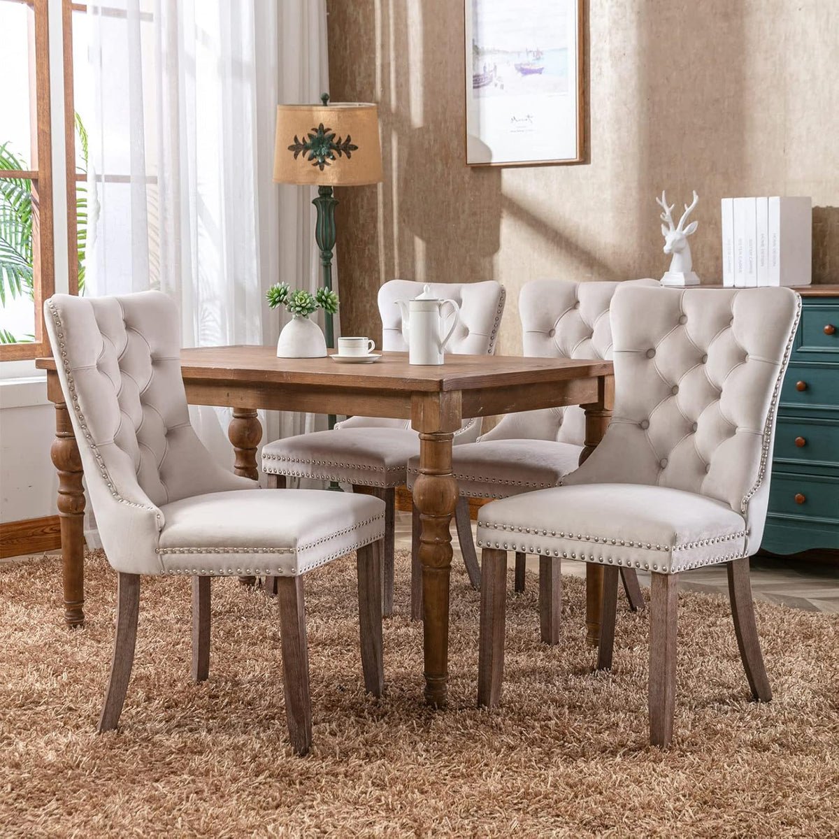 Beige Velvet Upholstered Dining Chair 2-Pcs Set A3781