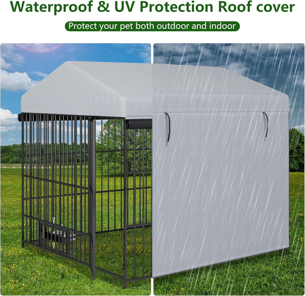 Large Outdoor Metal Dog Kennel with Waterproof Cover Roof (6.6'L x 6.6'W x 6.4'H) F954