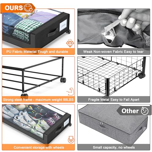 Black 2-Pack 60L Under Bed Storage Containers with Wheels and Clear Lids W38446