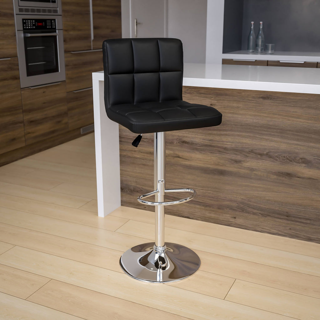 Black Quilted Vinyl Adjustable Height Barstool with Chrome Base F856083