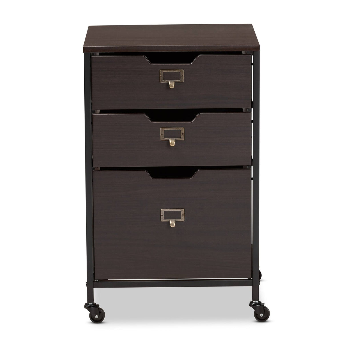Espresso Wood and Black Metal Mobile File Cabinet 3-Drawer E574255