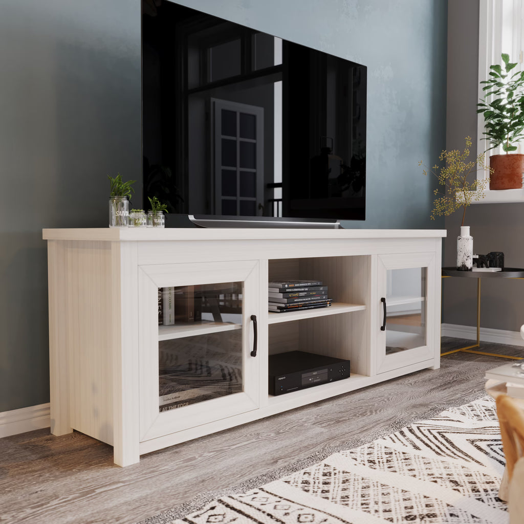 White Wash 65" TV Stand with Glass Doors and 3 Shelves C59293