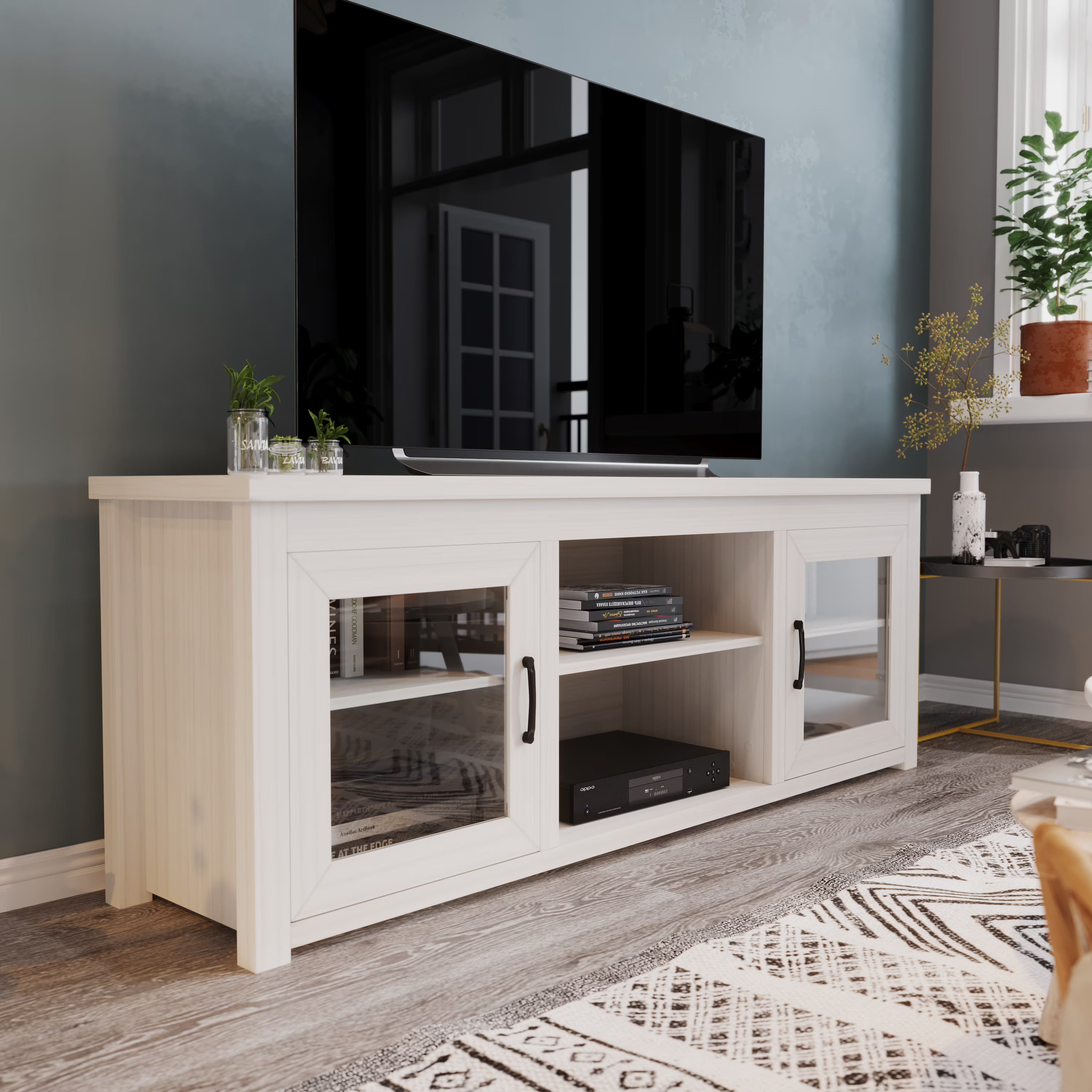 White Wash 65" TV Stand with Glass Doors and 3 Shelves C59293