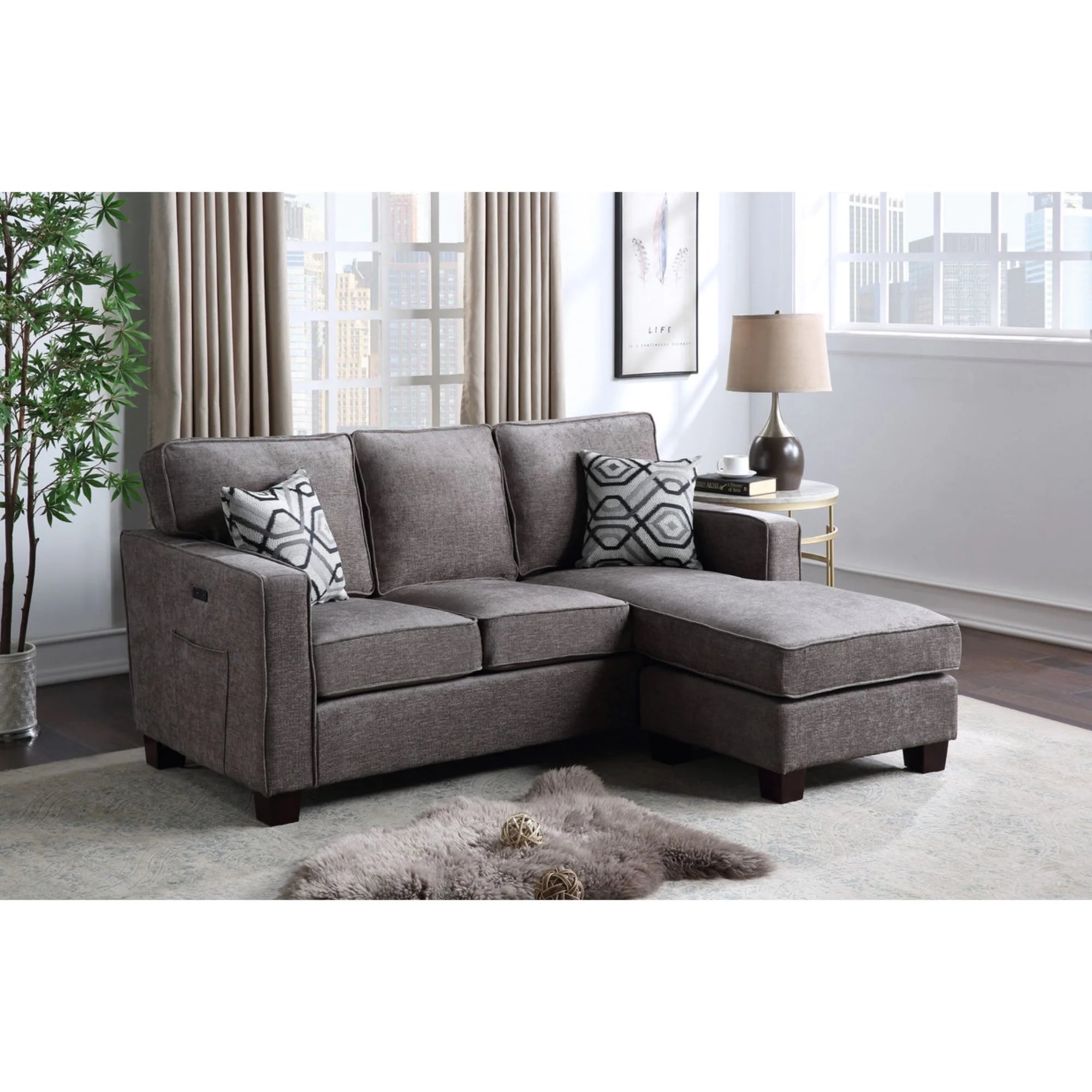 Gray Linen Fabric Sectional Sofa Chaise with USB Port X649345