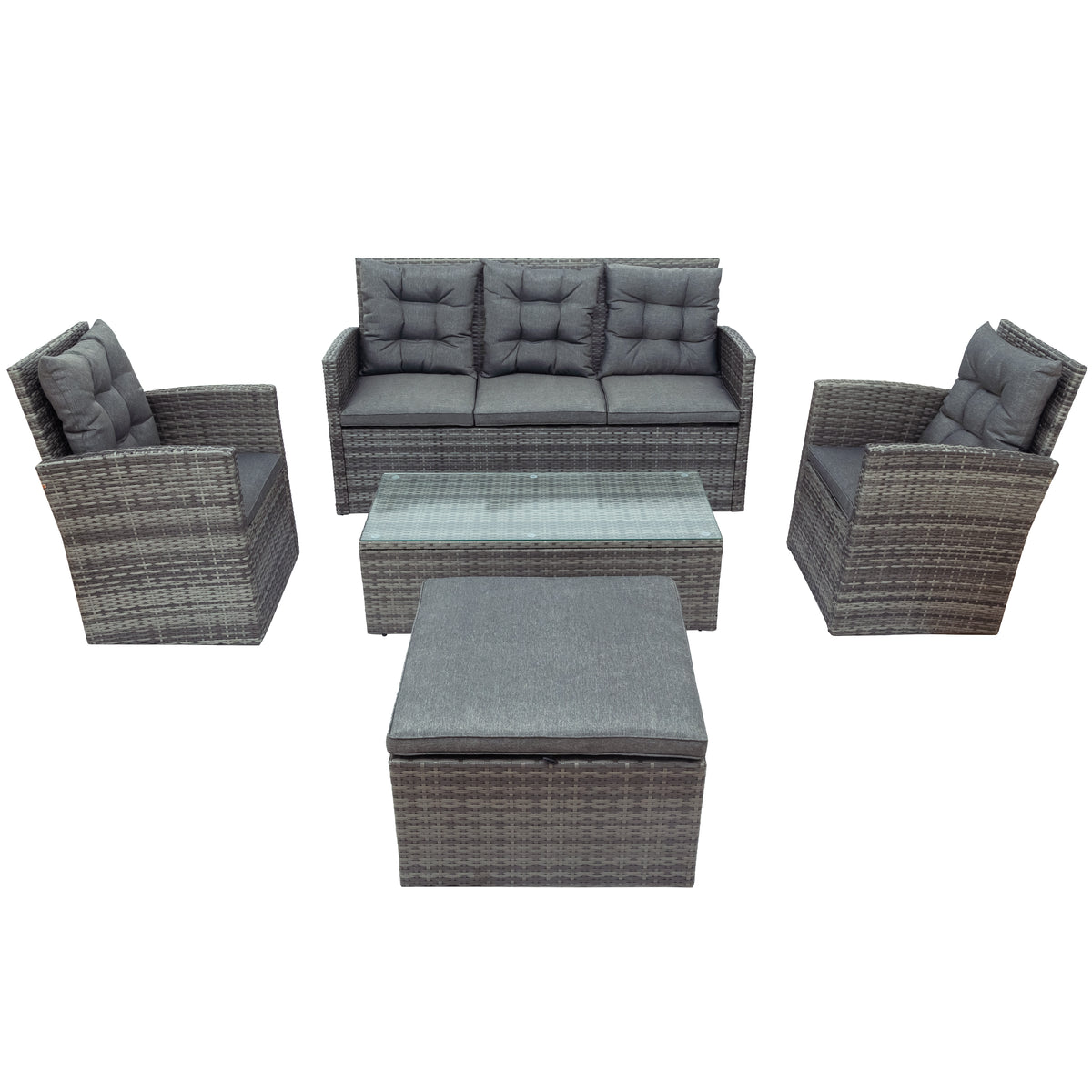 5 Piece Outdoor Patio Furniture Set with Storage Ottoman, 3 Seat Couch & 2 Arm Chairs, PE Wicker Sofa with Tempered Glass Table, Gray D5027