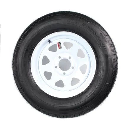 Radial Trailer Tire on White Spoke Rim 15 5 Lug H139479