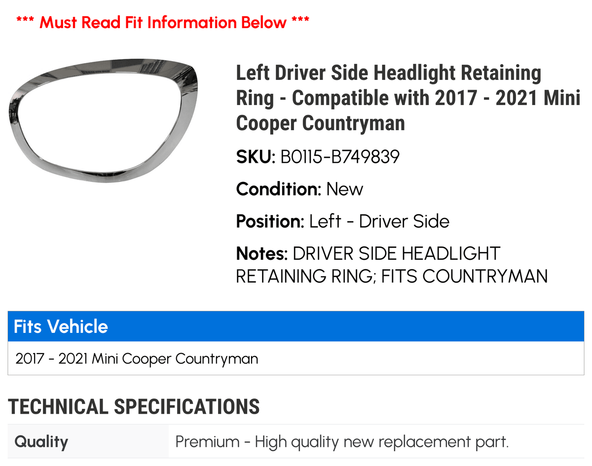 Left Driver Side Headlight Retaining Ring H6420