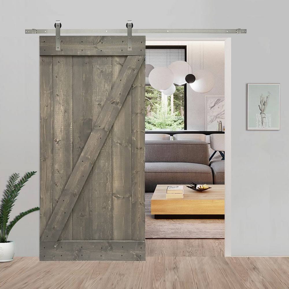 Weather Gray Stained Wood Interior Sliding Barn Door with Hardware Kit U9302
