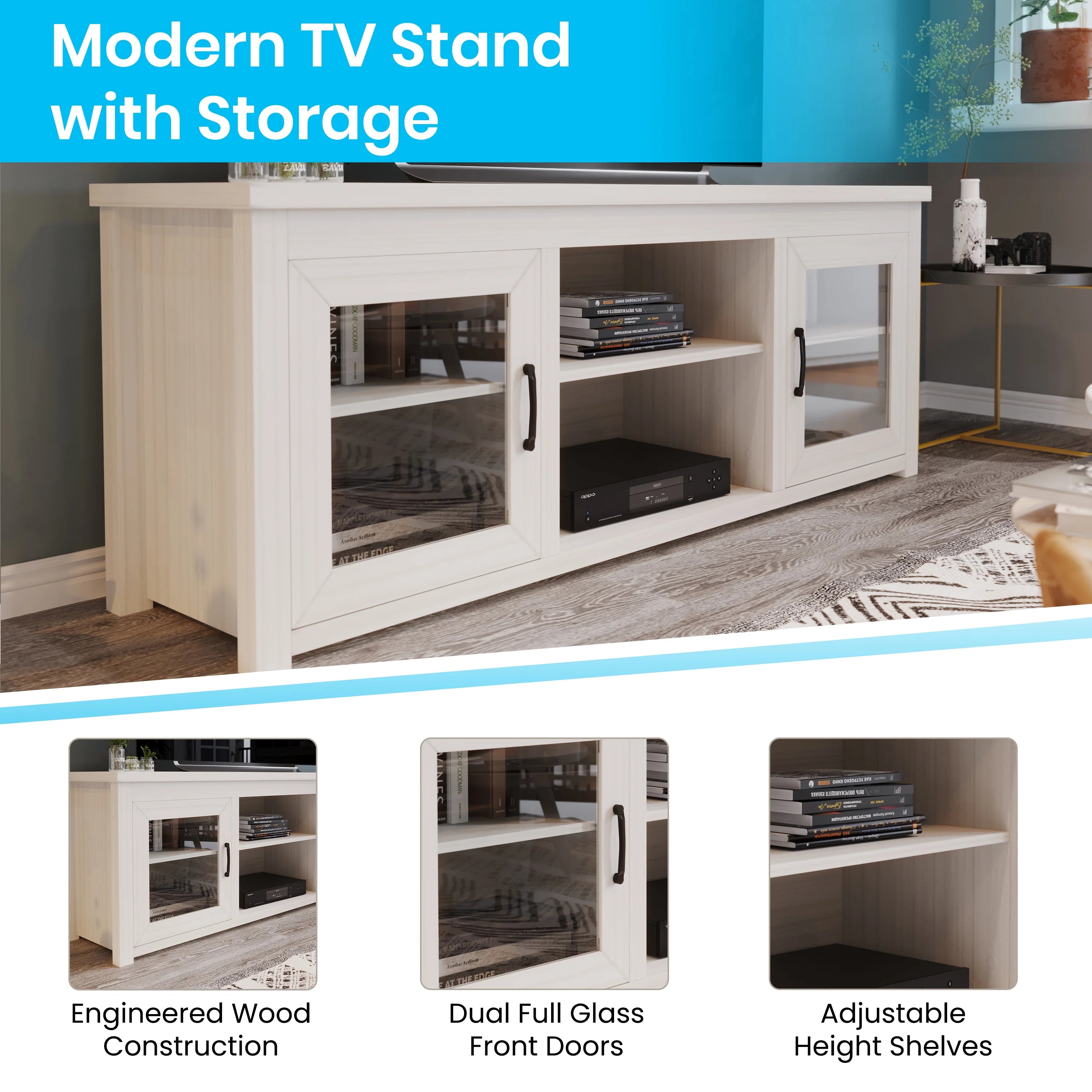 White Wash 65" TV Stand with Glass Doors and 3 Shelves C59293