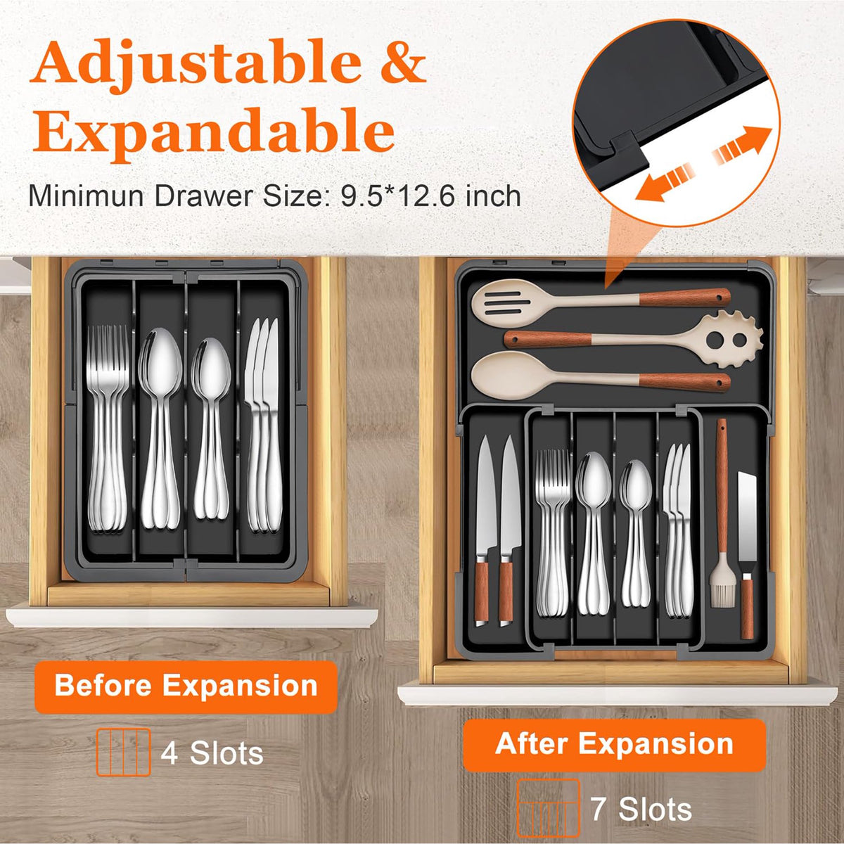 7-Section Expandable Drawer Divider, Black E658090