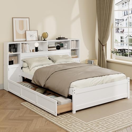 Twin Size Wood Storage Platform Bed with 6 Drawers and Bookcase Headboard E90182