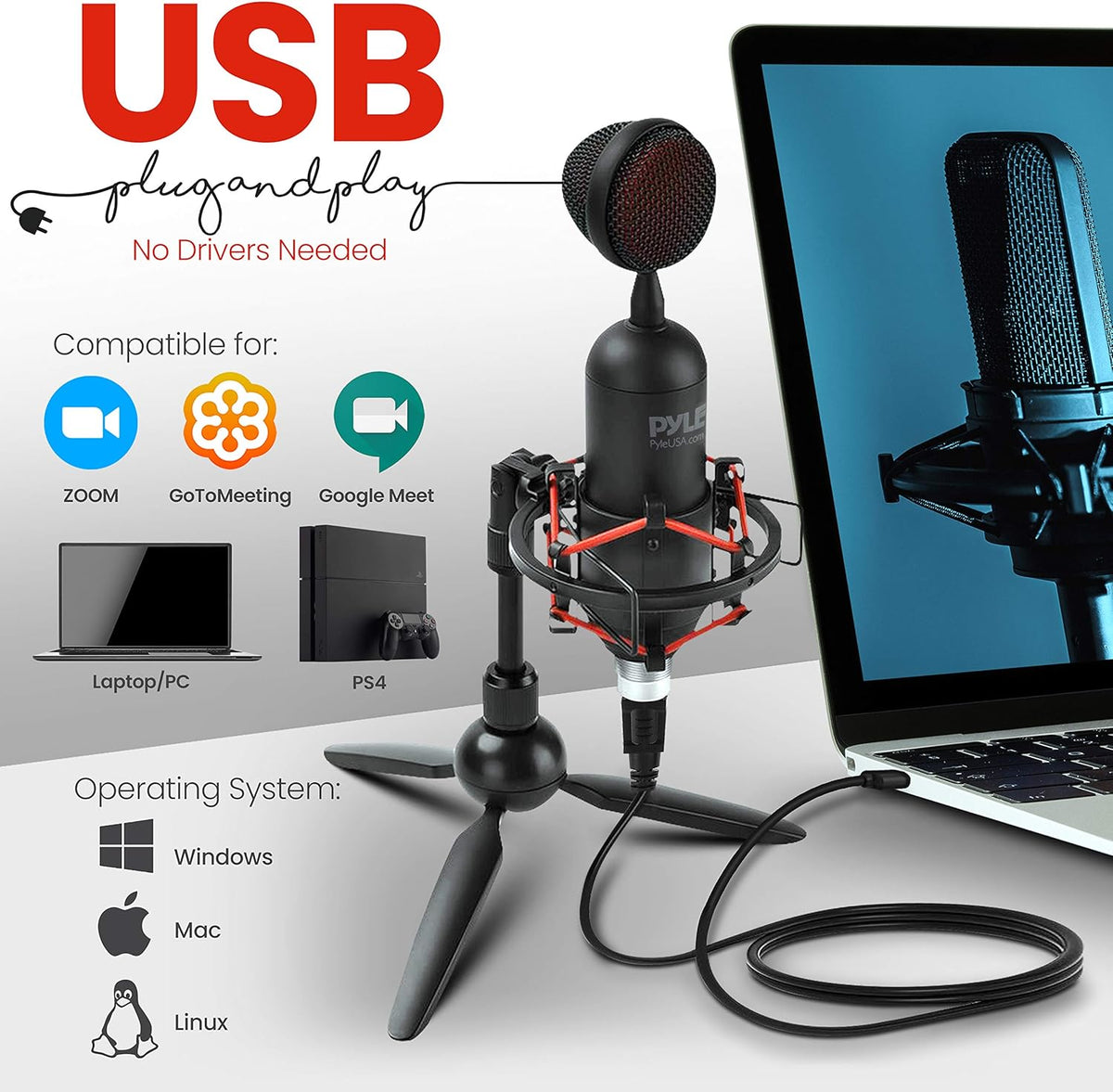 USB Cardioid Condenser Microphone with USB Cable, Built-in Pop Filter, Adjustable Desktop Stand N7633