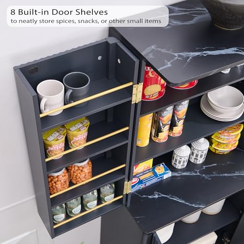 72" Tall Fluted Pantry Storage Cabinet with Adjustable Shelves & Door Racks, Natural Oak V534