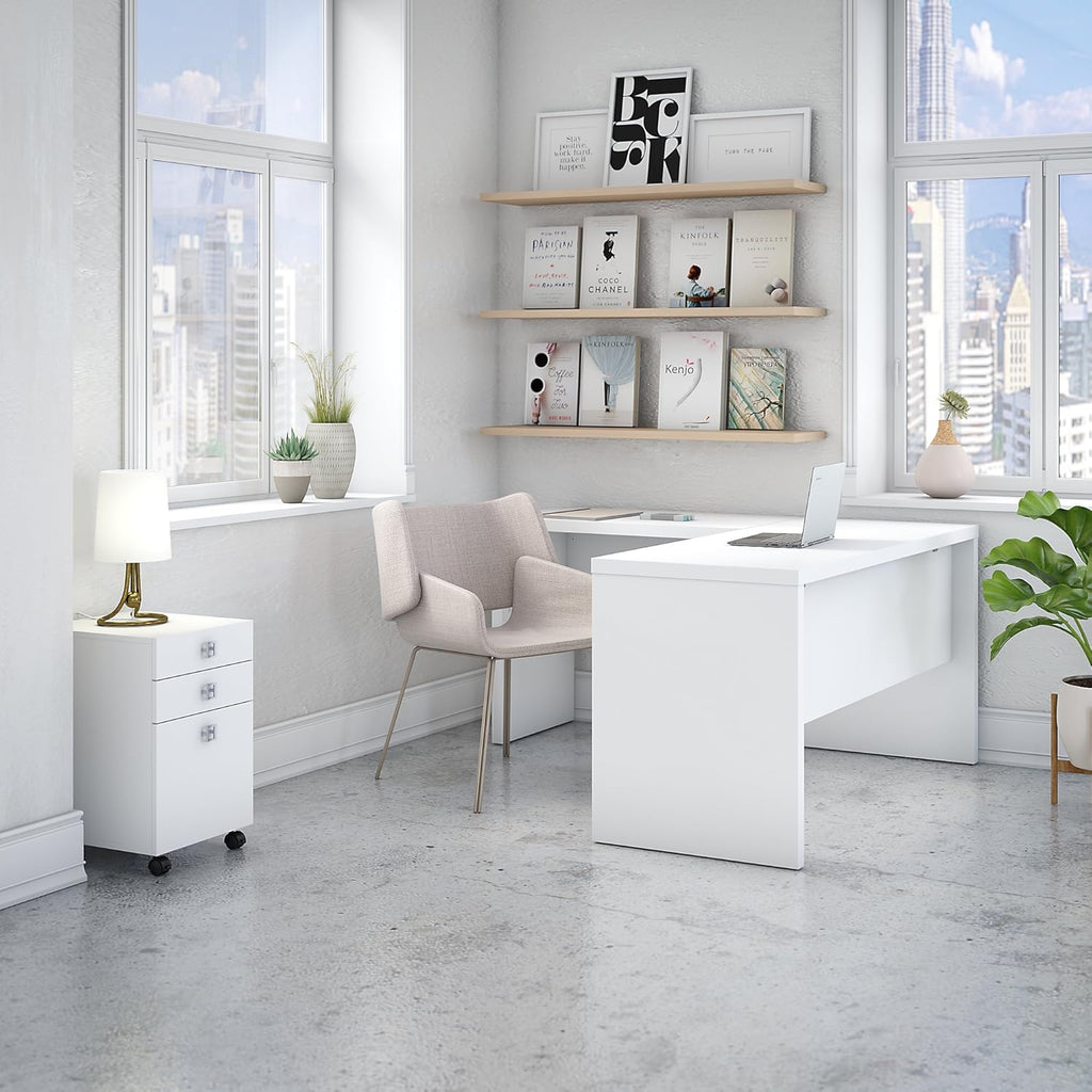 Pure White L Shaped Desk with Mobile File Cabinet H5385