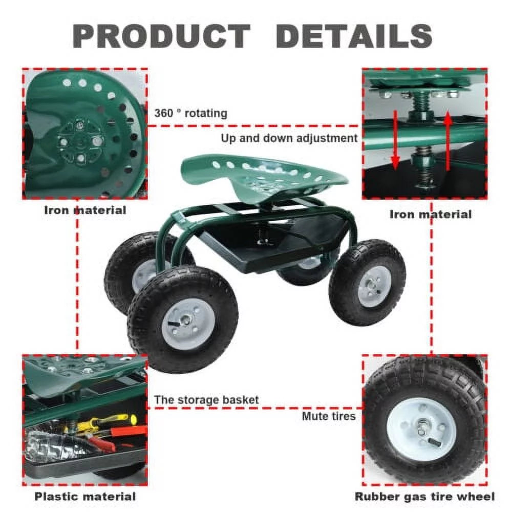 Green Metal Rolling Garden Seat Cart with 4 Wheels J287