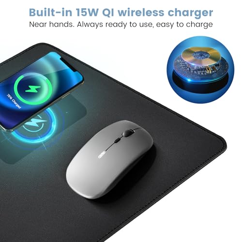 Black Leather Waterproof Large Desk Mat with Wireless Charger C92943