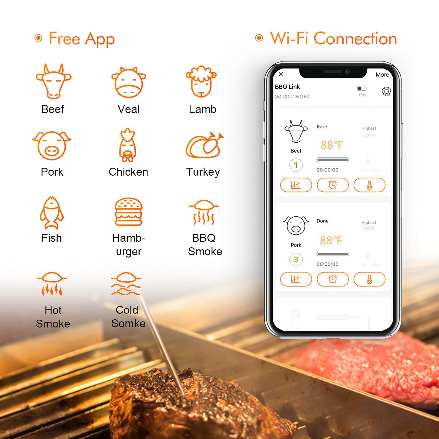 WiFi Grill Meat Thermometer with 4 Colored Probes P133915