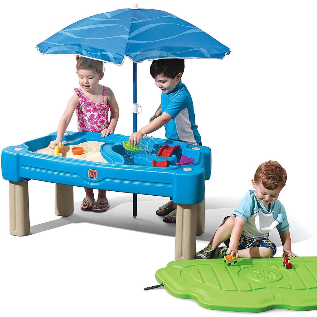 Blue Plastic Sandbox and Water Table with Cover and Umbrella R18679