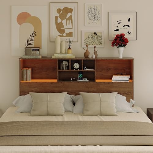 King Size Wooden Headboard with LED Light and Storage Bookcase M359476