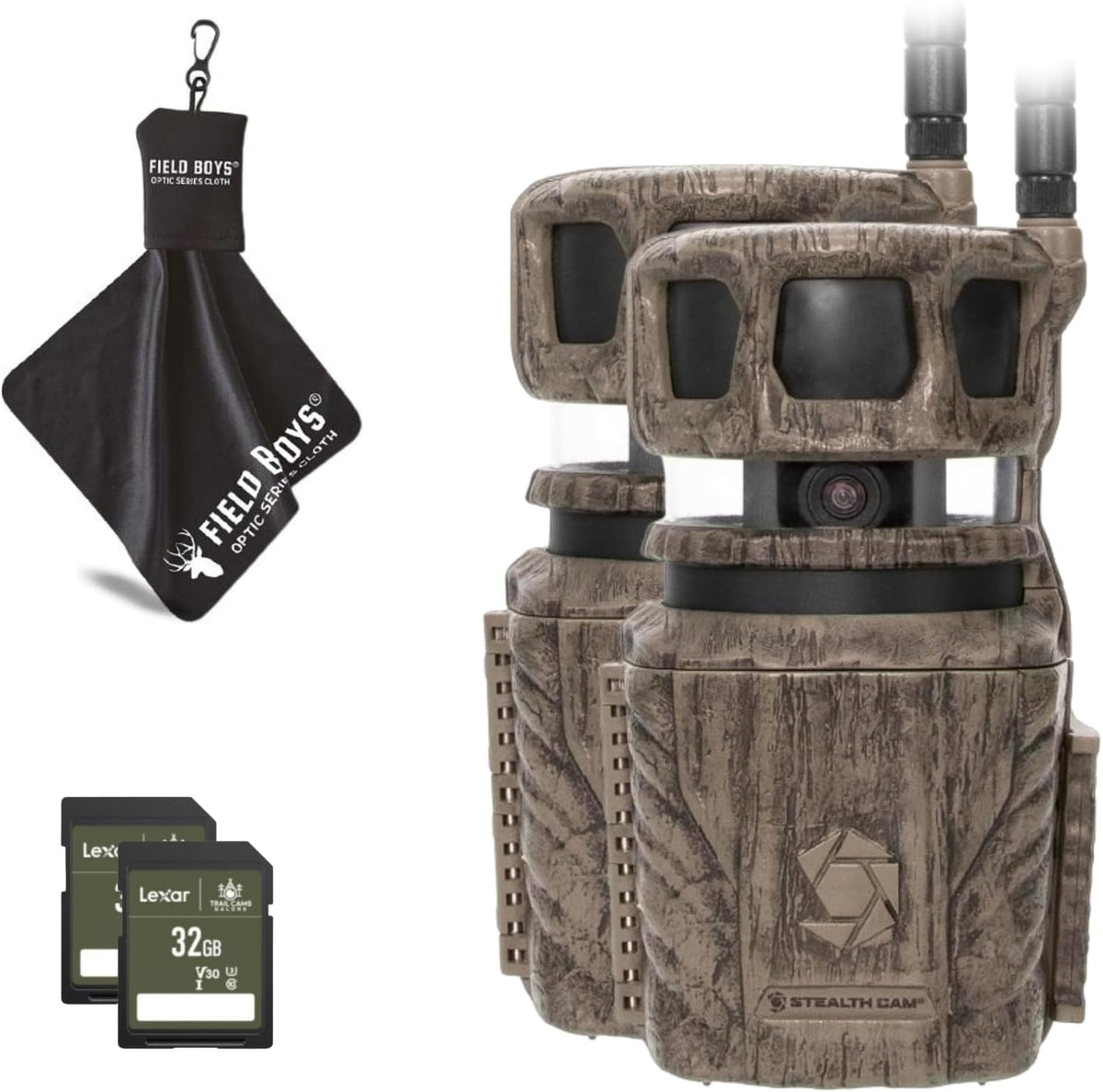 36MP Trail Camera with 1080P HD Video, 0.4 Sec Trigger Speed, 360° Panoramic View, Built-in GPS, Cellular (2pk), 32GB SD Cards, & Microfiber Cleaning Cloth E231