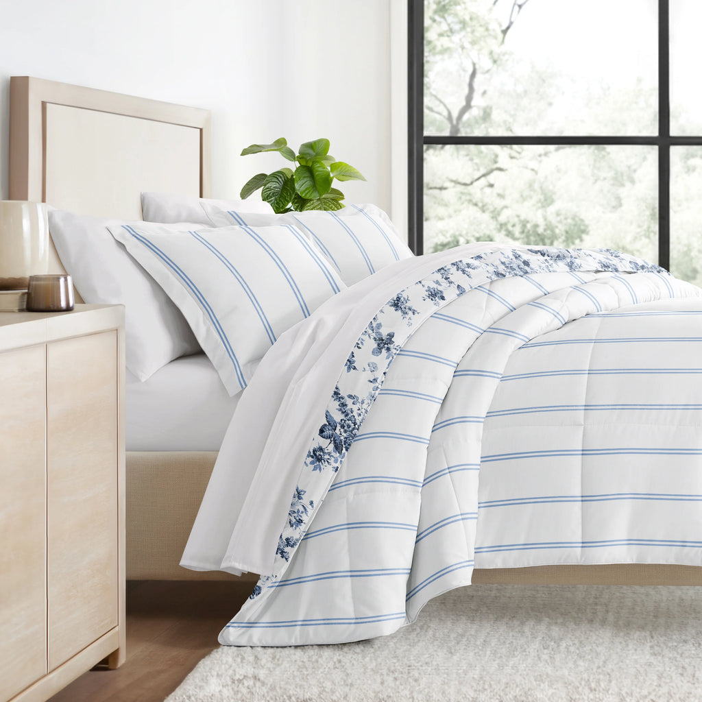 Cabbage Rose Stripe Ultra Soft Reversible Comforter Bed Set B351