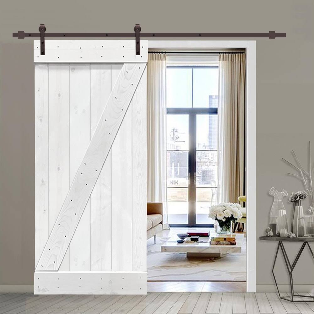 White Stained Wood Interior Sliding Barn Door with Hardware Kit N791901