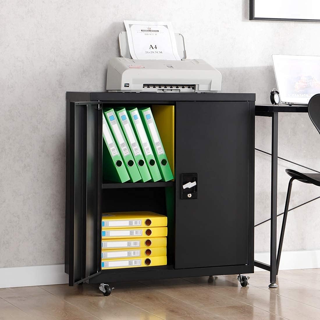 Metal Storage Cabinet with Locking Doors and Wheels, Black B2594