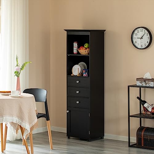 Black Tall Freestanding Storage Cabinet with 2 Open Shelves, 3 Drawers M1001